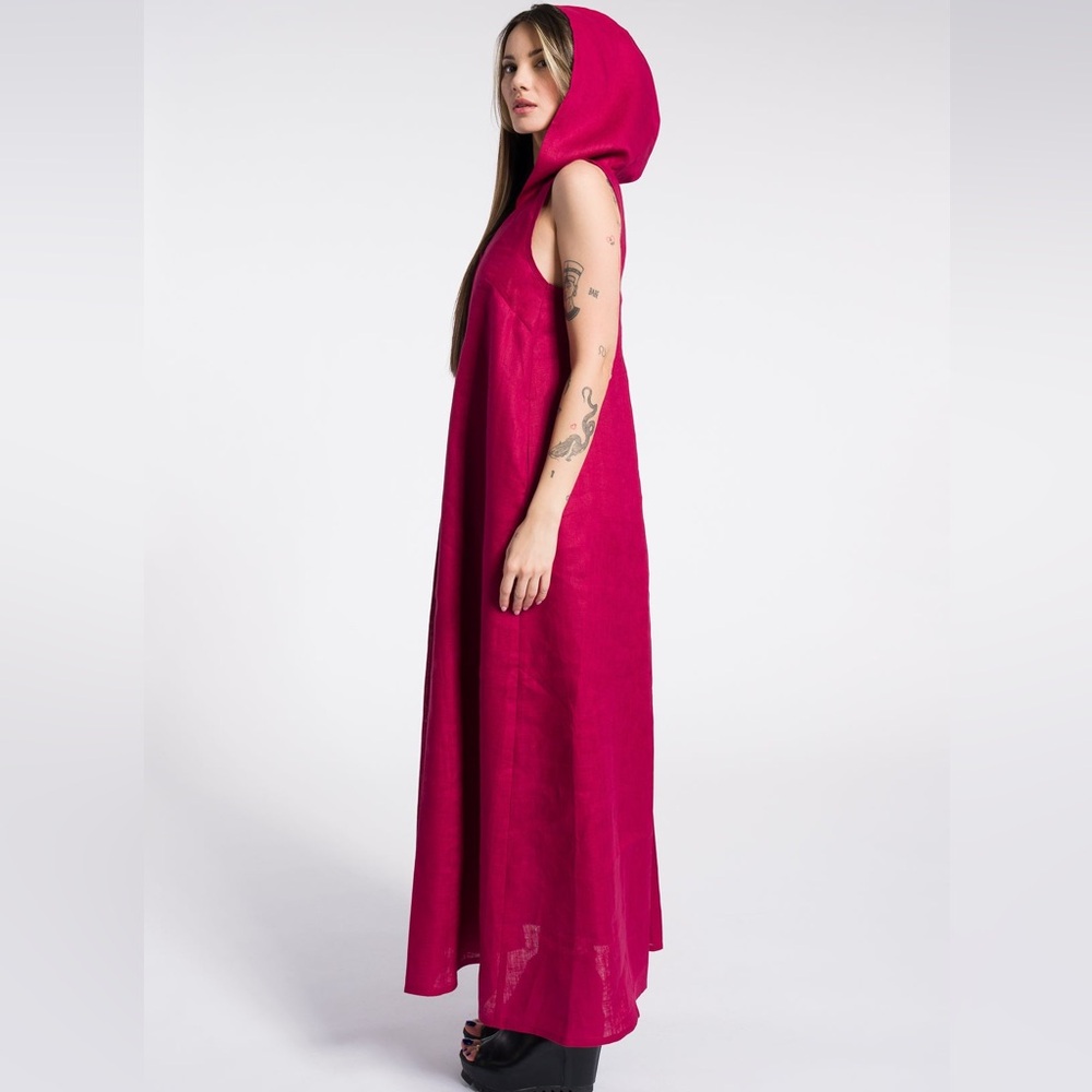Aakasha Raspberry Red Linen Front Pleated‎ Hood Sleeveless Lagenlook Maxi Dress